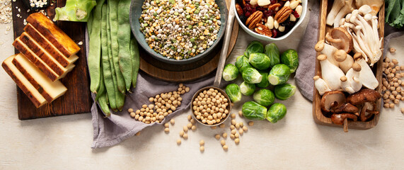 Asortment of plant based vegan protein products. Healthy eating.