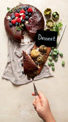 Home made vegan chocolate cake, with cacao and blueberries, healthy dessert recipe, healthy cacao cake with berries.