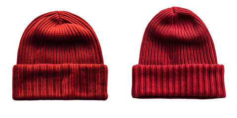Red ribbed knit wool beanie hat featuring a foldable brim. Made for warmth and style during isolated on a transparent background