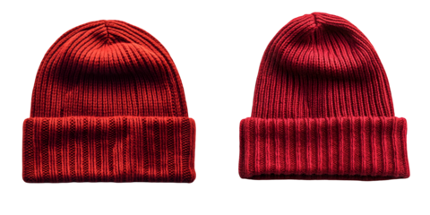 Red ribbed knit wool beanie hat featuring a foldable brim. Made for warmth and style during isolated on a transparent background