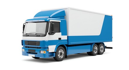 Blue and White Box Truck on White Background