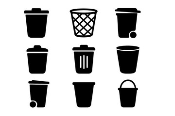 Bin silhouette icon set. Trash can, garbage, and waste container collection. Dustbin, wastebasket, and bucket symbols. Recycle and disposal pictogram for web and app design.