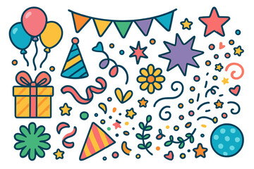 Party decoration doodle set. Colorful vector cartoon icons for birthday, carnival or holiday. Festive celebration elements collection with gift, balloons, confetti and flags.
