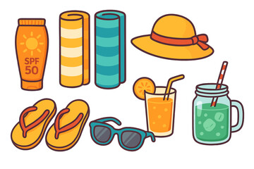 Summer beach essentials vector icon set. Sunscreen, towels, hat, flip flops, sunglasses, and refreshing drinks. Vacation and travel items for sun protection and relaxation.