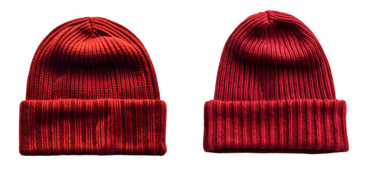 Red ribbed knit wool beanie hat featuring a foldable brim. Made for warmth and style during isolated on a transparent background - Powered by Adobe