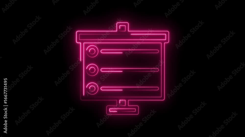 Poster glowing neon presentation board with progress bars and circular indicators on black background