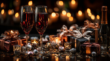 Happy Valentine's Day banner. Vector illustration with shining lights garland, realistic glasses and bottle of champagne, gift boxes and sparkling golden confetti. Holiday background, festive card.