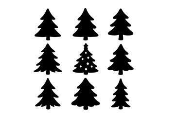 Set of black Christmas tree silhouette icons. Collection of pine, fir, and spruce symbols for winter holidays. Vector graphic elements for xmas celebration and festive decoration.