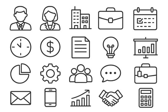 Business and office line icon set. Corporate professional icons with outline style. Finance, management, communication, teamwork, and data analysis vector pictograms collection.