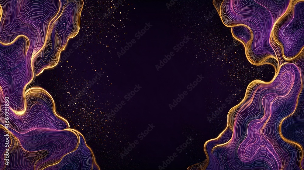 Poster a dynamic composition of swirling, layered lines in deep purple and gold, set against a dark backgro