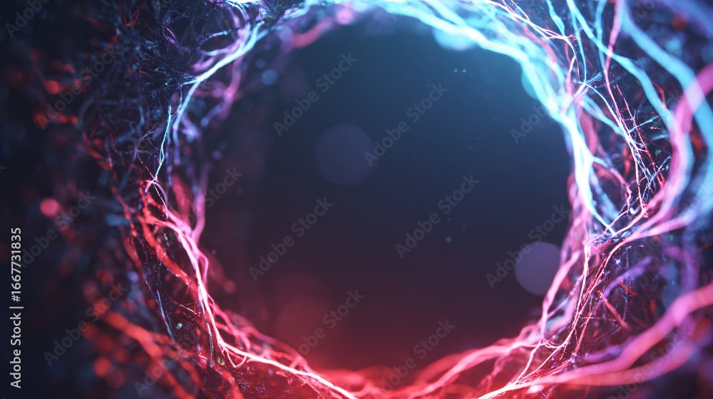 Poster a vibrant, circular network of glowing threads in contrasting pink and cyan hues, creating a dynamic