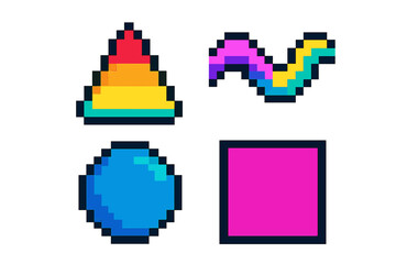 Pixel art shapes set. 8-bit retro game style icons. Colorful geometric collection with triangle, circle, square, and wave. Digital graphic elements for arcade video game design.