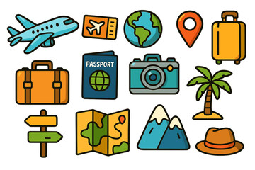 Colorful travel icons set for vacation and adventure. Vector cartoon illustration with airplane, passport, camera, map, and luggage for tourism, holiday, and journey concepts.