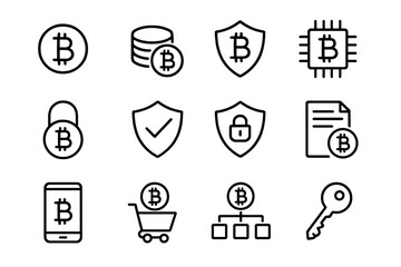 Cryptocurrency and security outline icon set. Bitcoin, blockchain, and finance symbols. Vector icons for web and app design, including payment, protection, and digital money.