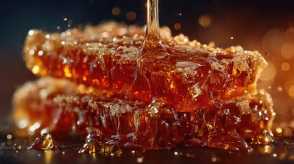 Ultra high resolution close up of honeycomb structure with golden honey oozing out under warm lighting capturing natural symmetry organic detail and sweet food product texture
