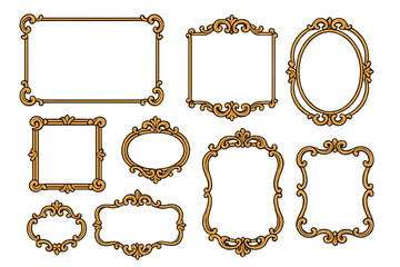 Set of elegant vintage gold frames. Ornate baroque border collection. Decorative classic filigree design elements. Retro victorian label for wedding invitation or mirror.