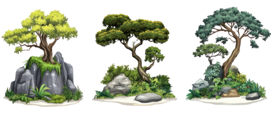 Pixel Art Style Trees On Rocks Displayed Against Transparent Background