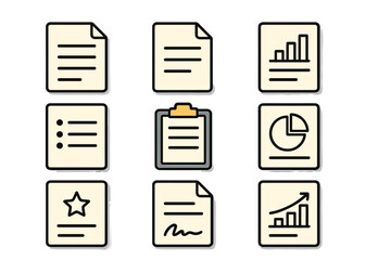 Document icons set, file and report vector symbols. Business data, analytics and statistics signs. Clipboard, checklist, contract signature, financial growth chart pictograms.