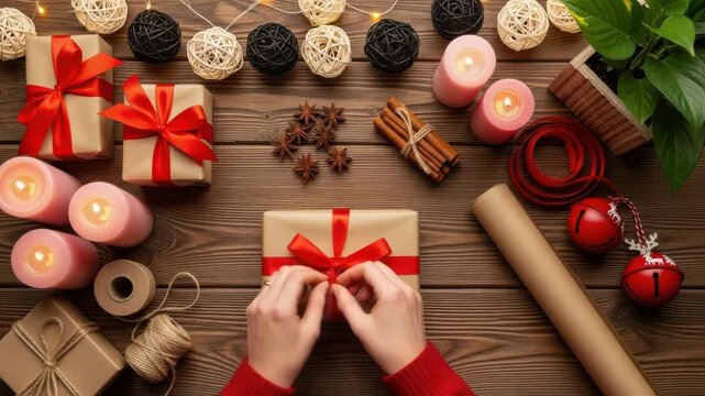Hands carefully tying a red ribbon bow on a christmas gift box, surrounded by festive decorations like candles, cinnamon sticks, star anise, and jingle bells on a wooden table
