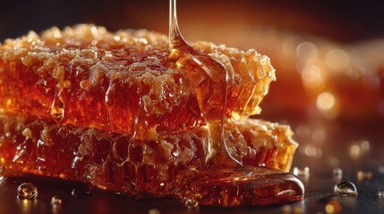 Ultra high resolution close up of honeycomb structure with golden honey oozing out under warm lighting capturing natural symmetry organic detail and sweet food product texture