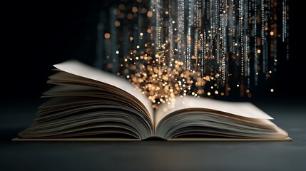 Open Book with Flowing Binary Code and Particles for Technology Concept