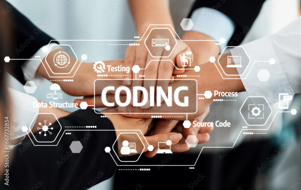 Aufkleber a united team engages in collaborative coding efforts, showcasing hands overlapping with technologic