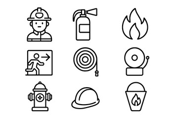 Fire safety line icon set. Vector collection of firefighter and emergency rescue equipment. Protection symbols like extinguisher, hose, hydrant, alarm, helmet and exit.