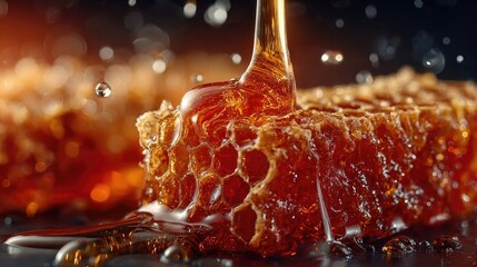 Ultra high resolution close up of honeycomb structure with golden honey oozing out under warm lighting capturing natural symmetry organic detail and sweet food product texture