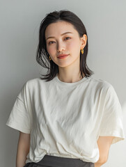 A beautiful female model wearing a white t-shirt. A product shot for fashion and apparel. best use for mockup.