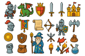 Medieval fantasy icon set. Cartoon vector collection with knight, dragon, wizard, and castle. Magic game assets, fairy tale elements, armor, sword, shield, and scroll.