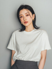 Obraz premium A beautiful female model wearing a white t-shirt. A product shot for fashion and apparel. best use for mockup.