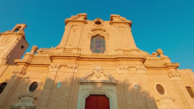 Low angle perspective of Oria Cathedral with architectural details