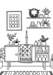 サイドボードと飾り棚の塗り絵