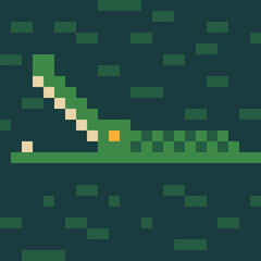 Stylized green pixel crocodile with open mouth, set against a dark swampy background. A fun and simple reptile character in retro style.