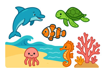 Cute sea animals collection. Cartoon marine life set with dolphin, turtle, clownfish, jellyfish, seahorse, and coral on a beach. Vector illustration for kids design.