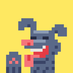 Pixel grey dog with tongue sticking out and raised paw showing pink pads. A silly and expressive canine character in a cartoonish retro style.