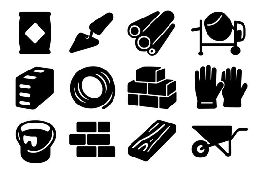 Construction solid icon set. Building materials and work tools silhouette collection. Vector graphics of cement, brick, trowel, gloves, and concrete mixer essentials.
