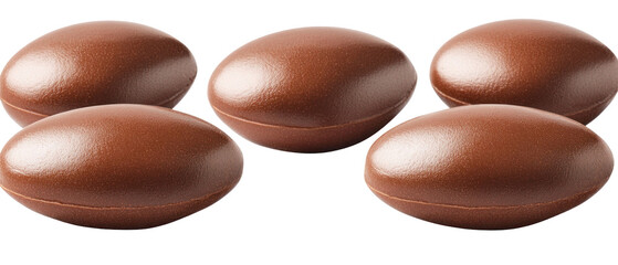 Fototapeta premium Group Of Five Brown Oval Pills With Light Reflections Against Transparent Background