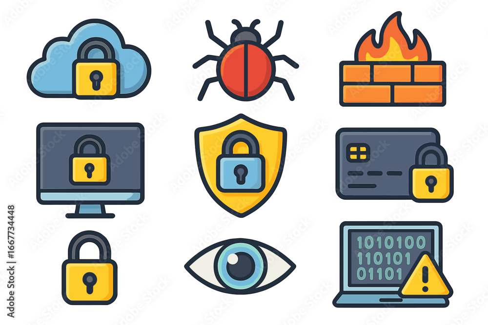 Aufkleber cybersecurity icon set. data protection, internet security concepts. vector icons of virus, firewall