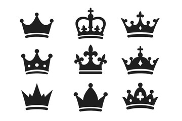 Crown silhouette icon set. Royal majesty symbols and heraldic elements collection. Vector design of king, queen, and princess tiaras. Power and luxury concept illustrations.