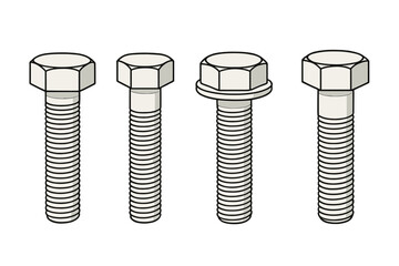 Hex bolts and screws set. Fastener and hardware collection. Industrial toolkit for construction and repair. Metal threaded bolt variety. Vector cartoon isolated illustration.