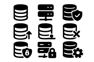 Data server glyph icon collection. Database storage, web hosting, and cloud computing symbols. Solid vector icons for security shield, information backup, and network settings.