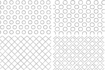 Naklejka premium Set of four seamless geometric patterns. Vector collection of hand-drawn circle and rhombus textures. Abstract monochrome sketch background. Minimalist linear doodle design.