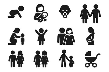 Family and parenting solid icon set. Mother, father and child relationship glyphs. Pregnancy, newborn baby, couple and childhood stages vector cartoon pictograms.