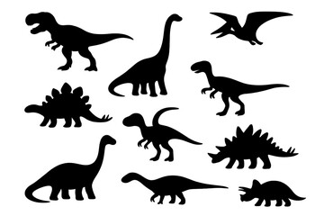 Dinosaur silhouette icon set. Prehistoric fossil & extinct creatures collection. Jurassic animal vector graphics. Dino monster shapes like t-rex, stegosaurus, triceratops.