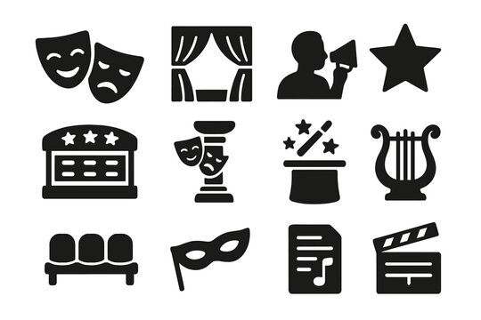 Entertainment and theater solid icon set. Performance, backstage, cinema and show symbols. Drama mask, stage, clapperboard, magic hat vector glyph pictogram collection.