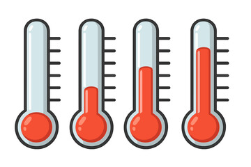Thermometer vector icon set. Temperature goal progress indicator. Hot and cold weather measurement scale. Meteorology climate equipment. Flat cartoon design symbol isolated.