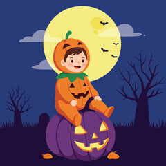 Fototapeta premium Child in pumpkin costume sitting on jack o lantern under full moon with bats and bare trees Halloween scene vector 