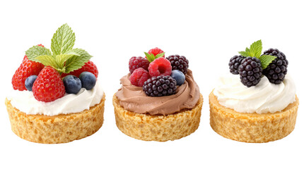 Assortment of Mini Fruit Tarts with Whipped Cream and Mixed Berries on Transparent Background