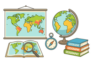 Vector set of geography learning tools. Cartoon collection with world map screen, globe, atlas with magnifier, compass, and textbooks for school. Education and exploration concept.